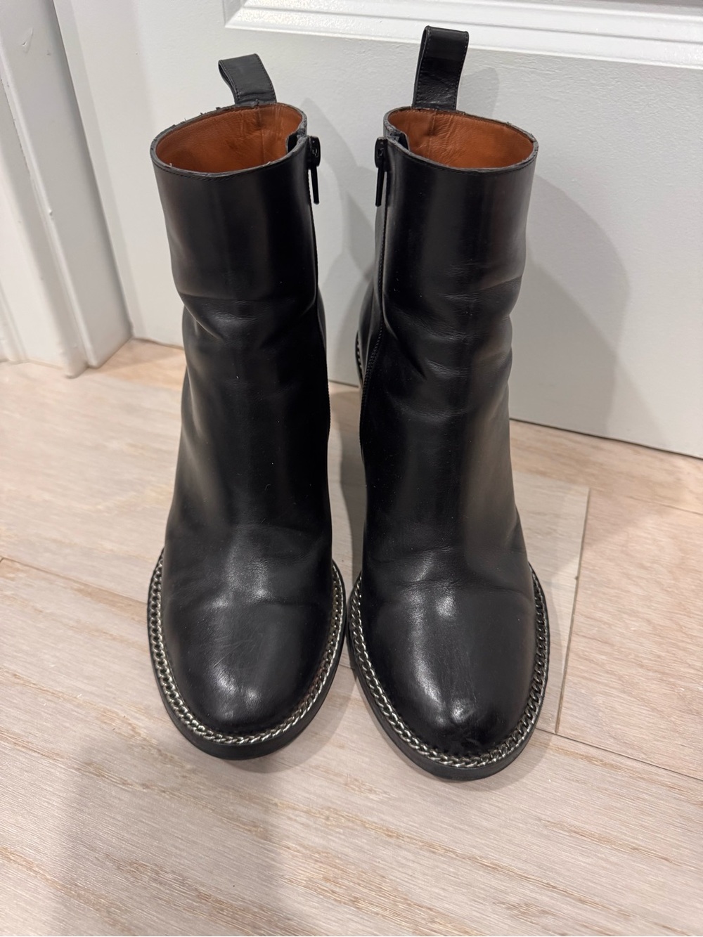 Givenchy Black Leather Heeled Ankle Boots with Chain Trim